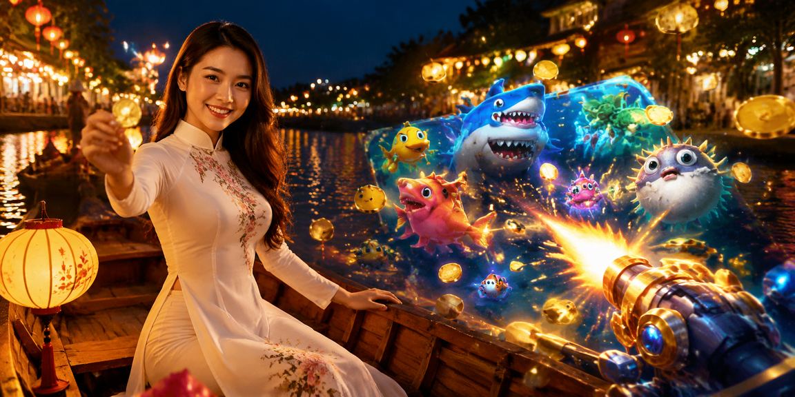 Người chơi casino thư giãn tại Hội An với đèn lồng và giao diện cược trên điện thoại buổi tối